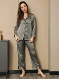 SilkSilky US Pure Silk Long Sleeve Lapel Women's Pajamas GrayishGreen 004