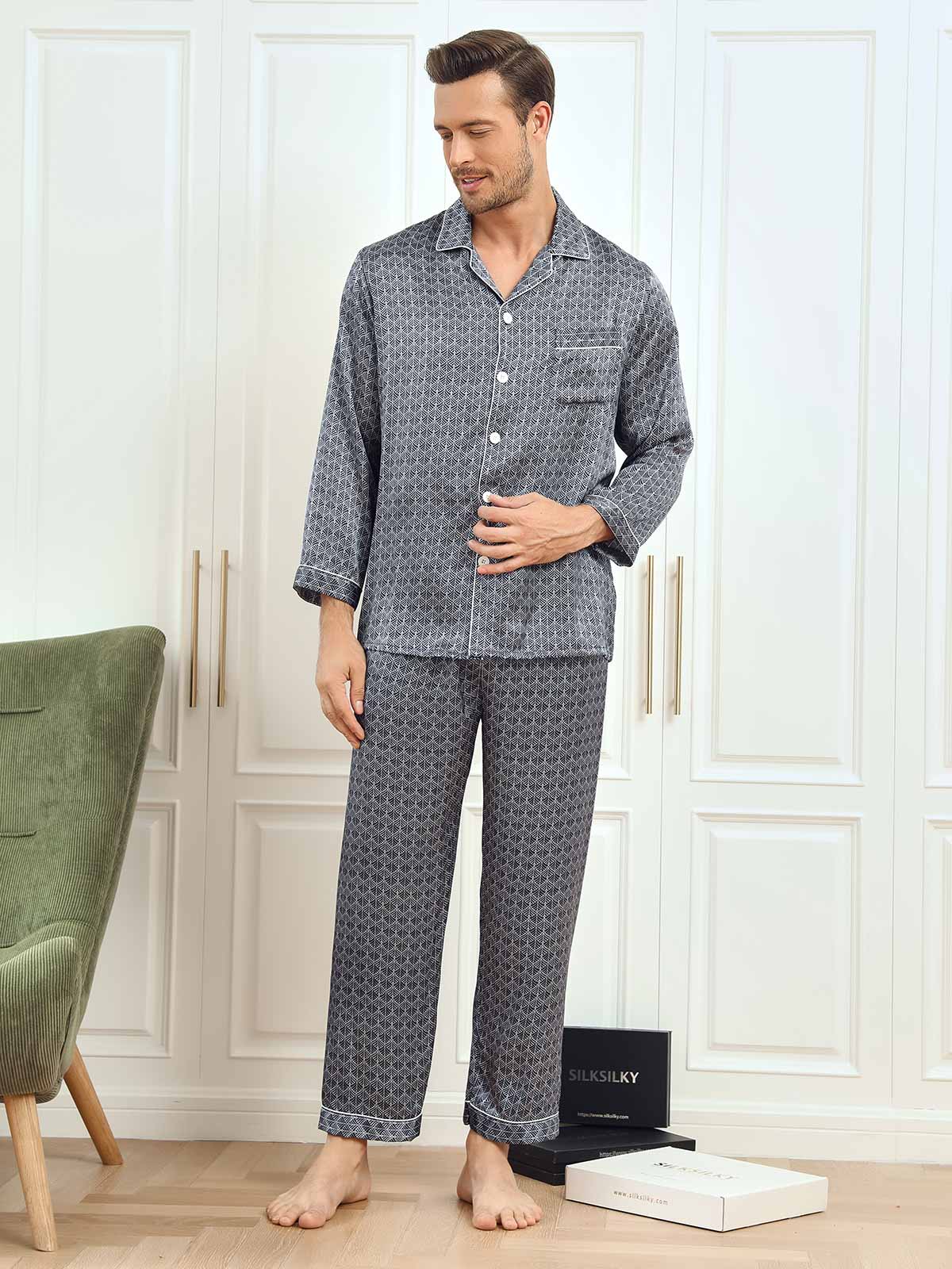 [Navy Ginkgo] SilkSilky  19Momme Pure Silk Mens Pajamas 004