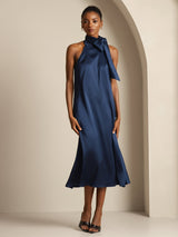 [Dark Blue] SilkSilky  Sleeveless Tie Neck Dress 001