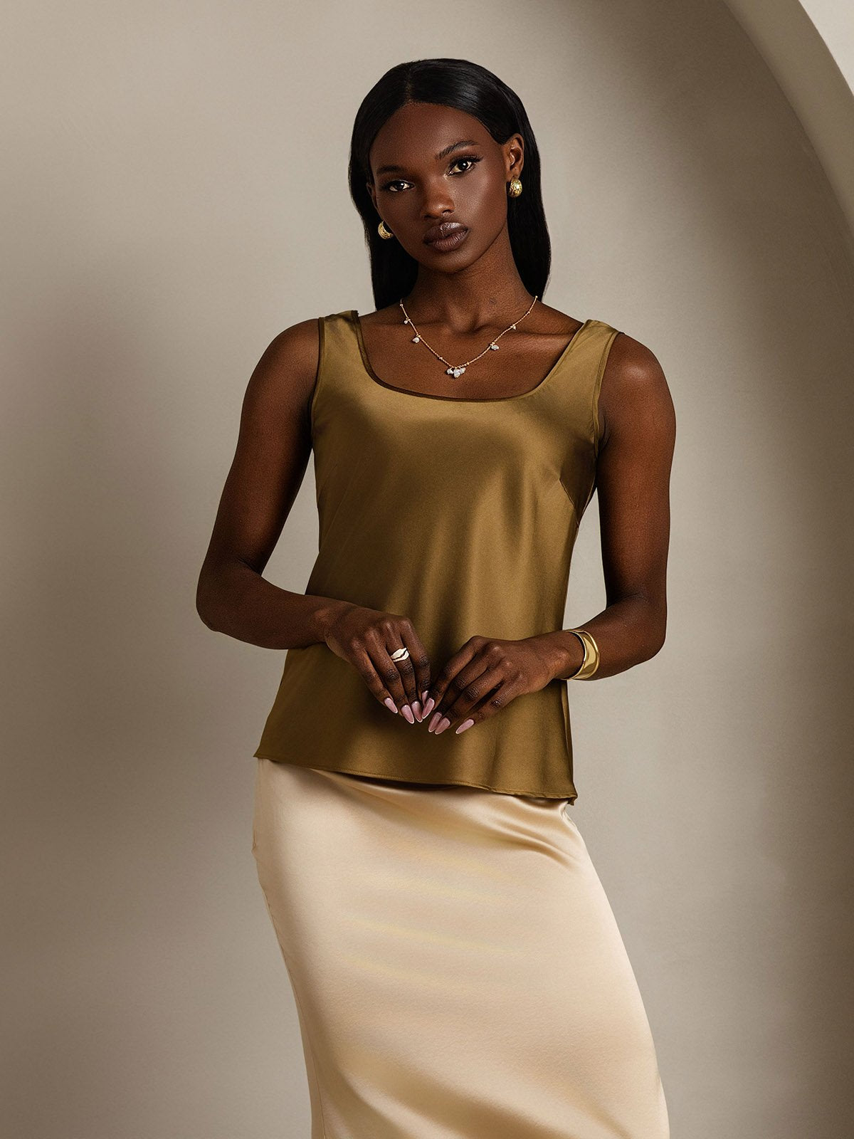 [Brown] SilkSilky  19Momme Silk U Neck Camisole Top 006