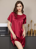 SilkSilky US Pure Silk Short Sleeve Round Neck Nightgown Wine 001