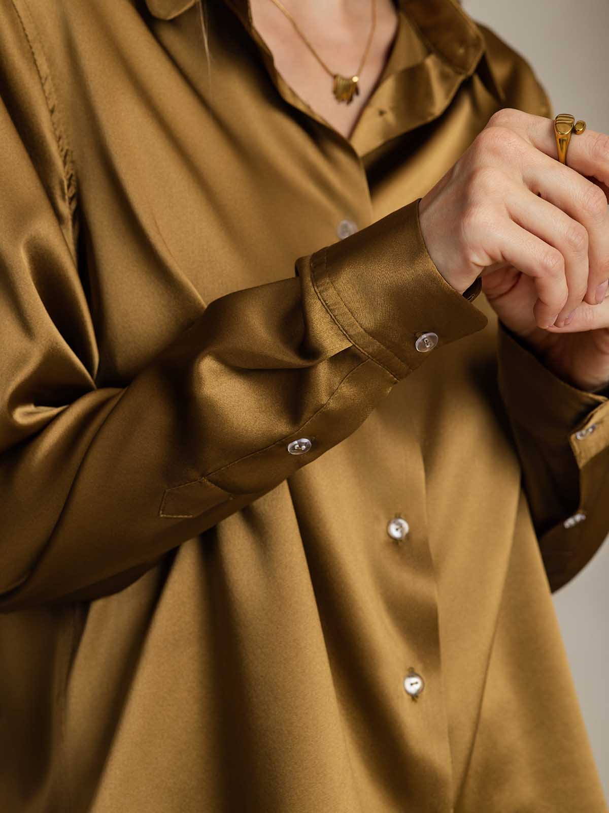 [Bronze] SilkSilky  Silk Long Sleeve Lapel Collar Women's Shirt 004