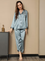 [Steel Blue] SilkSilky  Long Sleeve Notch Collar Women's Pajamas 004