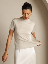 [Gray] SilkSilky  100% Silk Jersey Short Sleeve Mock Neck Women's T-Shirt 003