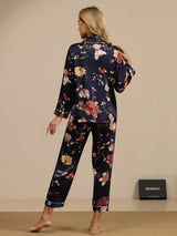 [Navy Floral] SilkSilky  Long Sleeve Notch Collar Women's Pajamas 002