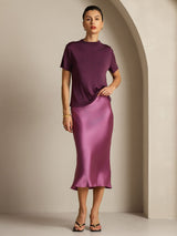 [Purple] SilkSilky  100% Silk Jersey Short Sleeve Mock Neck Women's T-Shirt 007