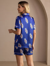 [Navy Seahorse] SilkSilky Short Sleeve Lapel Collar Women's Pajamas 002