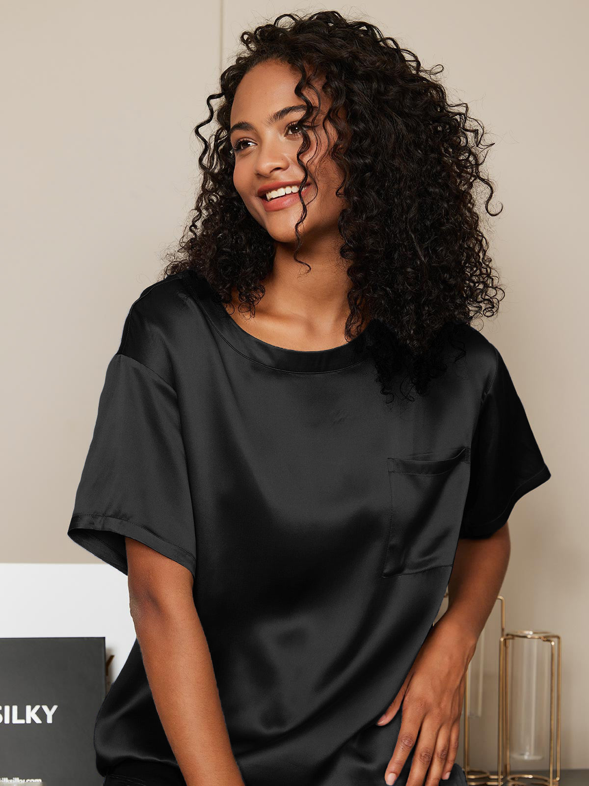 [Black] SilkSilky  Pure Silk Round Neck Women's Pajamas 004