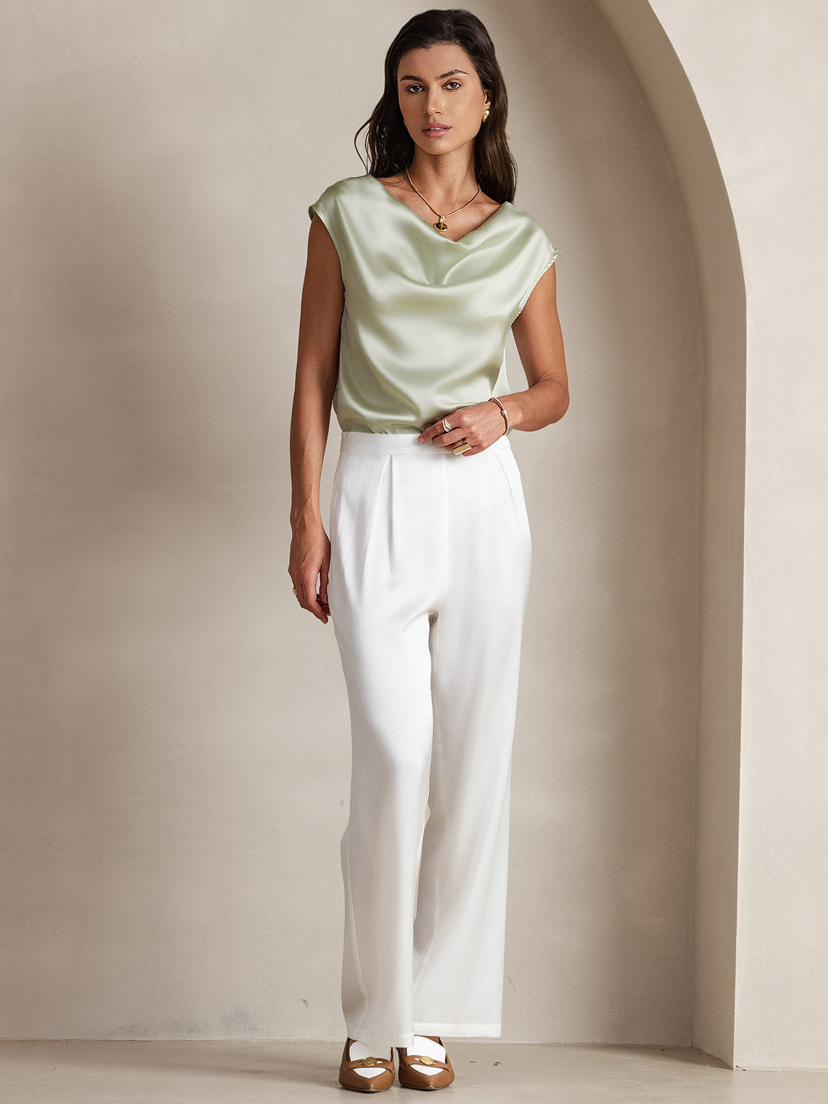[Light Green] SilkSilky  19Momme Silk Cowl Neck Women's T-Shirt 007