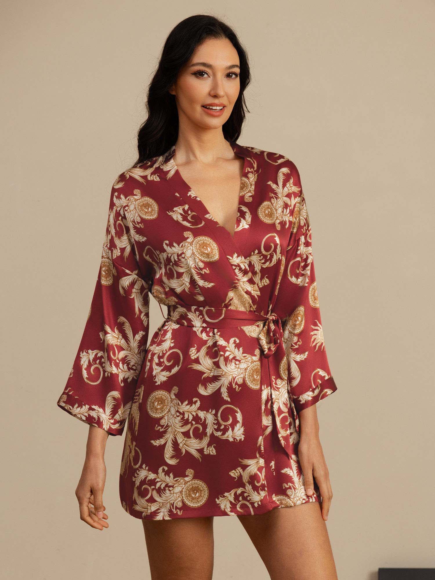 [Wine Dragon] SilkSilky  3/4 Sleeve V Neck Women's Robe 004