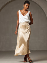 [Champagne] SilkSilky  19Momme Stretch Silk Charmeuse Skirt 003