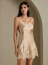 [Champagne] SilkSilky  Spaghetti Strap V Neck Nightgown 007