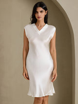 [White] SilkSilky  Cap Sleeve V Neck Nightgown 001