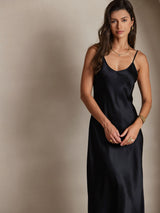 [Black] SilkSilky  Spaghetti Strap V Neck Dress 003