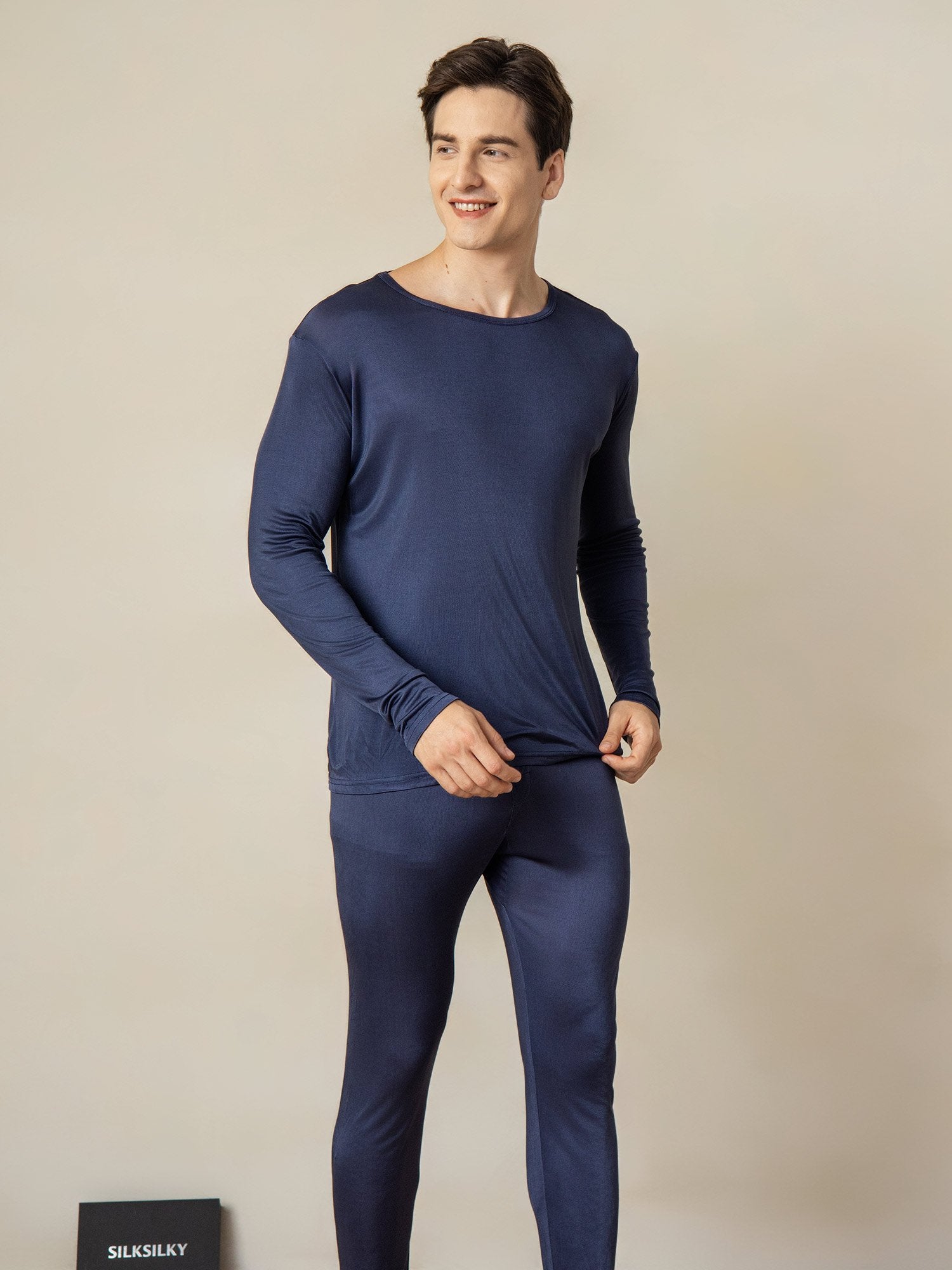 [DarkBlue] SilkSilky Silk Round Neck Men's Pajamas 002