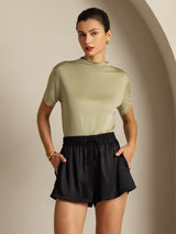 [Dried Herb] SilkSilky  100% Silk Jersey Short Sleeve Mock Neck Women's T-Shirt 008