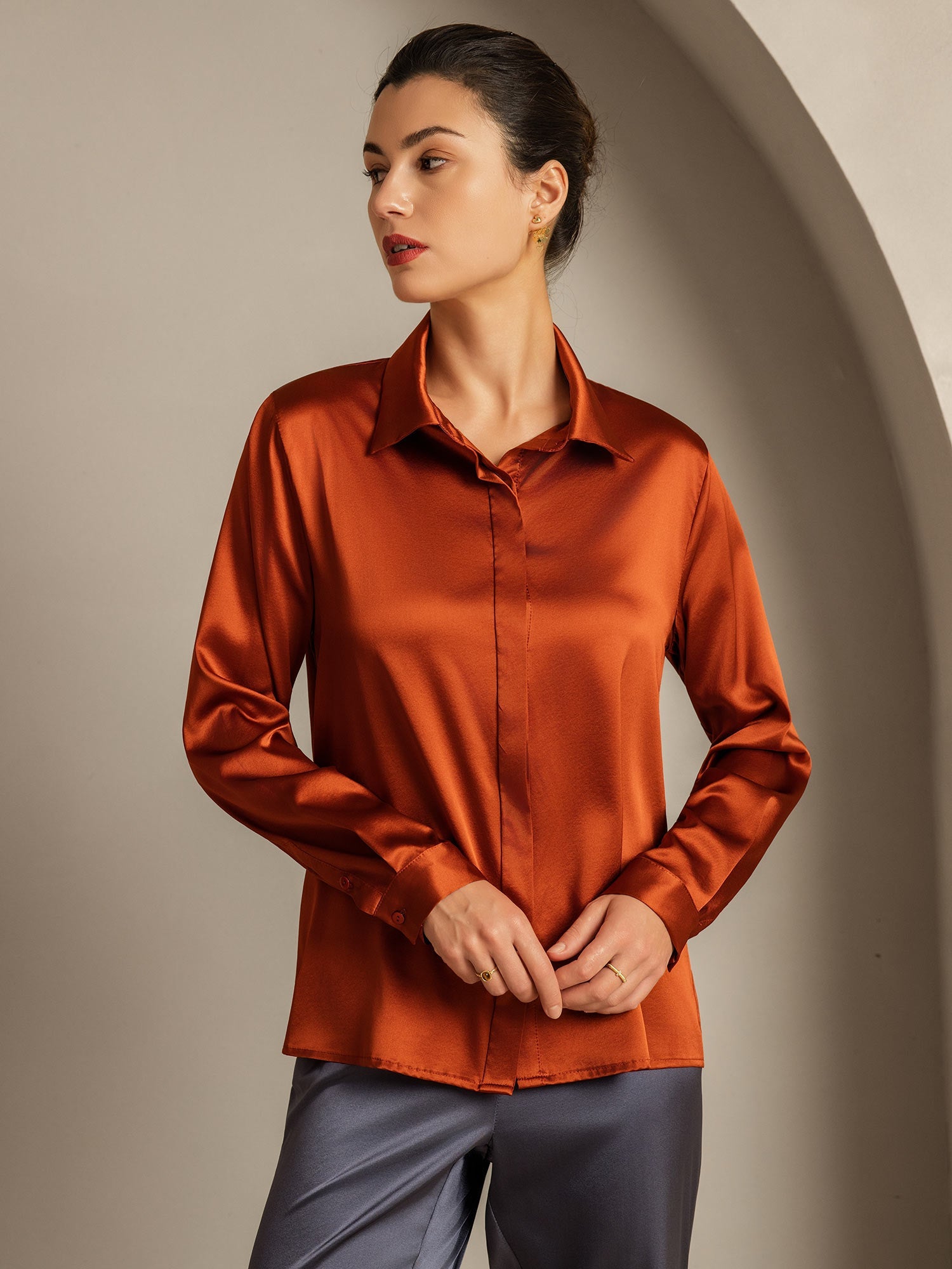 [Caramel] SilkSilky  19Momme Silk Long Sleeve Lapel Collar Women's Shirt 001