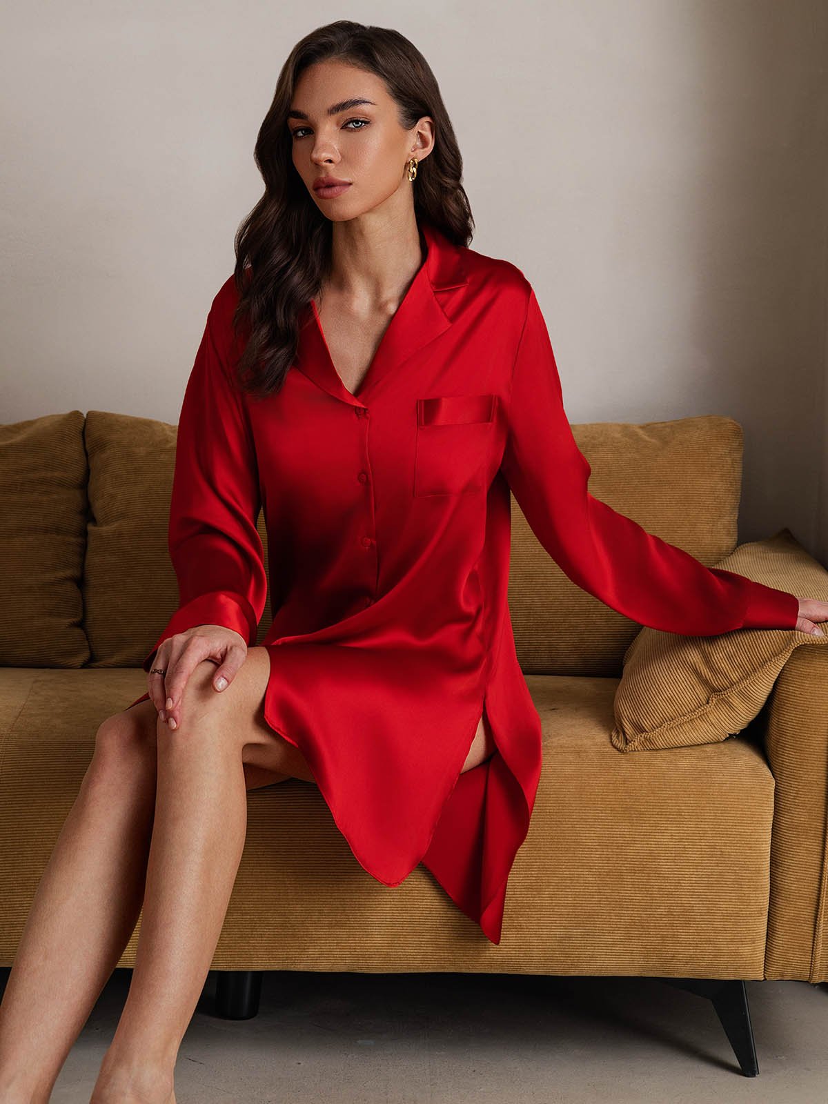 [Red] SilkSilky Pure Silk Lapel Collar Nightgown 007