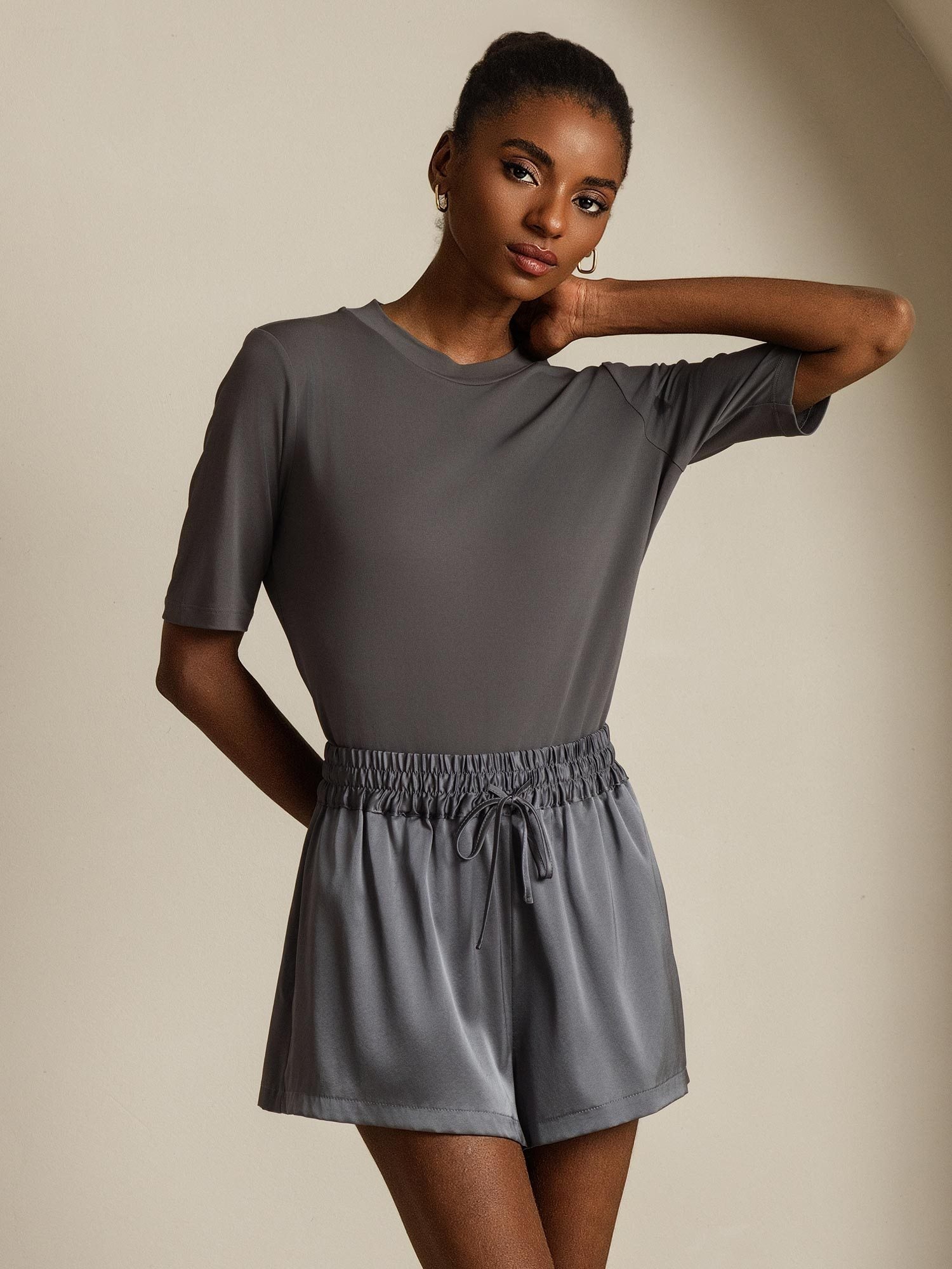 [Gray] SilkSilky  Pure Silk Round Neck Women's T-Shirt 001
