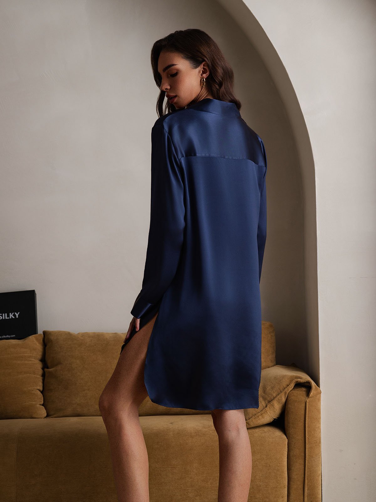 [DarkBlue] SilkSilky Pure Silk Lapel Collar Nightgown 002