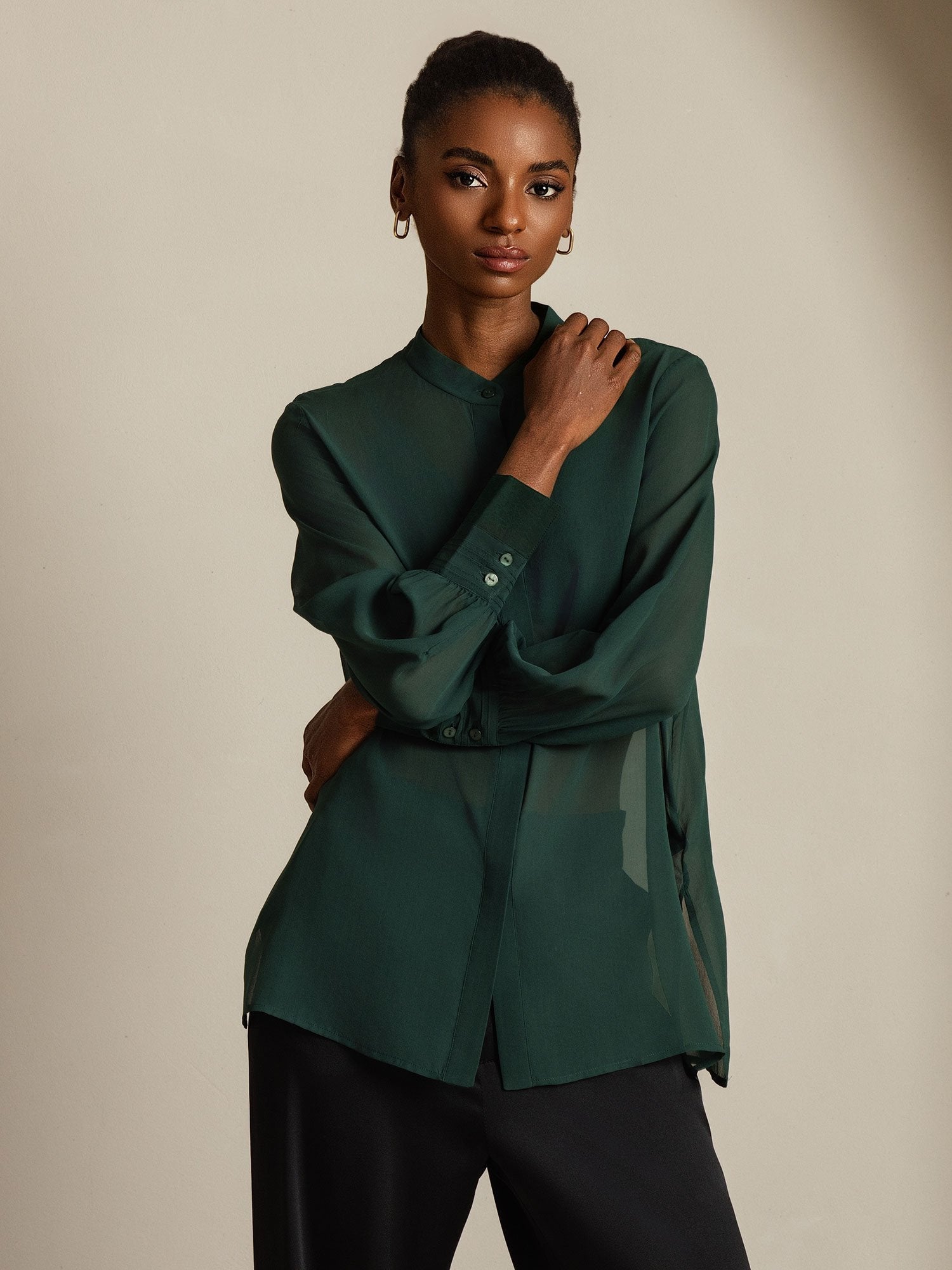 [Dark Green] SilkSilky  Pure Silk Split Women's Shirt 003