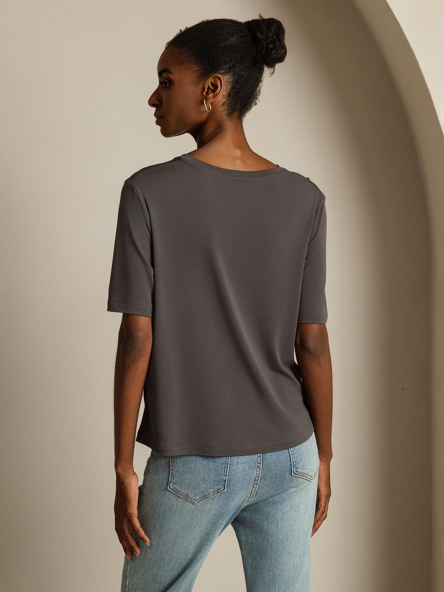 [Gray] SilkSilky Pure Silk V Neck Women's T-Shirt 002