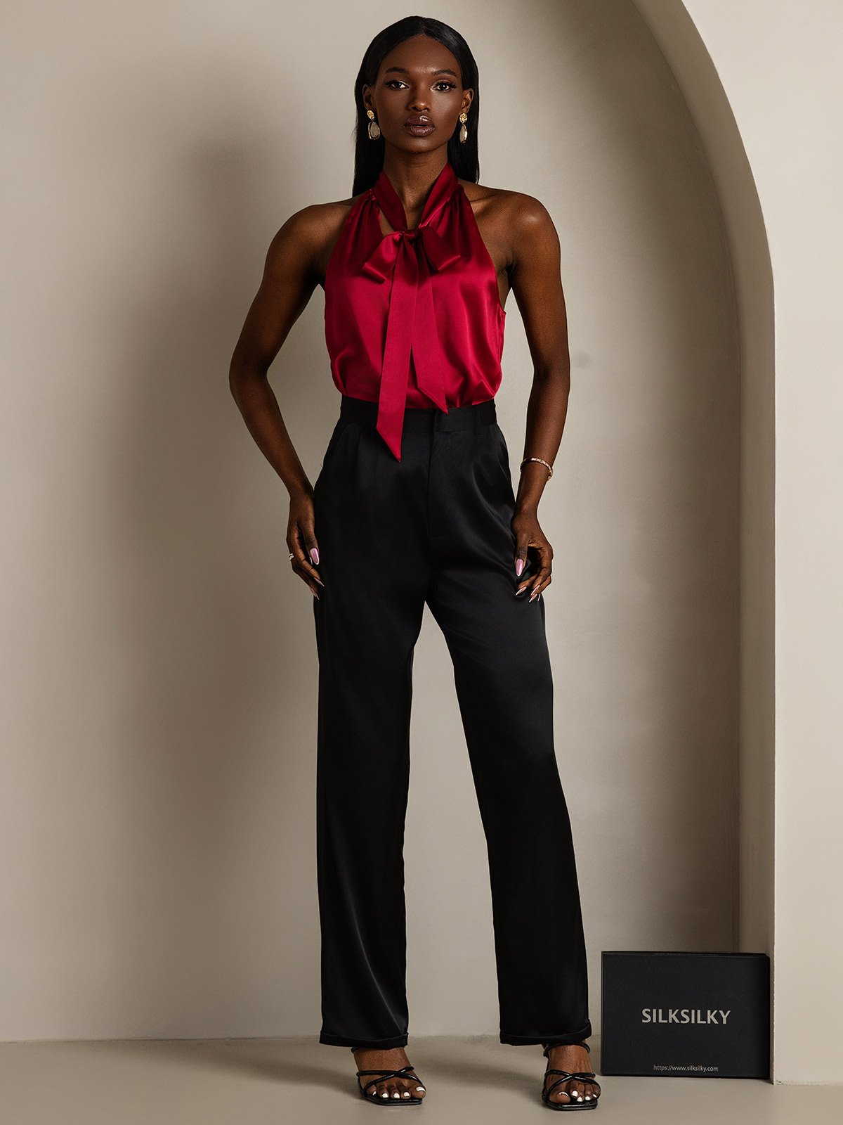 SilkSilky  19Momme Silk Sleeveless Tie Neck Women's Shirt Wine 006