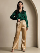 [Dark Green] SilkSilky  19Momme Stretch Silk Charmeuse Long Sleeve Lapel Collar Women's Shirt 009