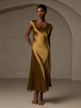 [Brown] SilkSilky  19Momme Stretch Silk Charmeuse Cap Sleeve Scoop Neck Dress 004