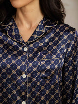 [Navy Chain] SilkSilky  Pure Silk Notch Collar Women's Pajamas 006,