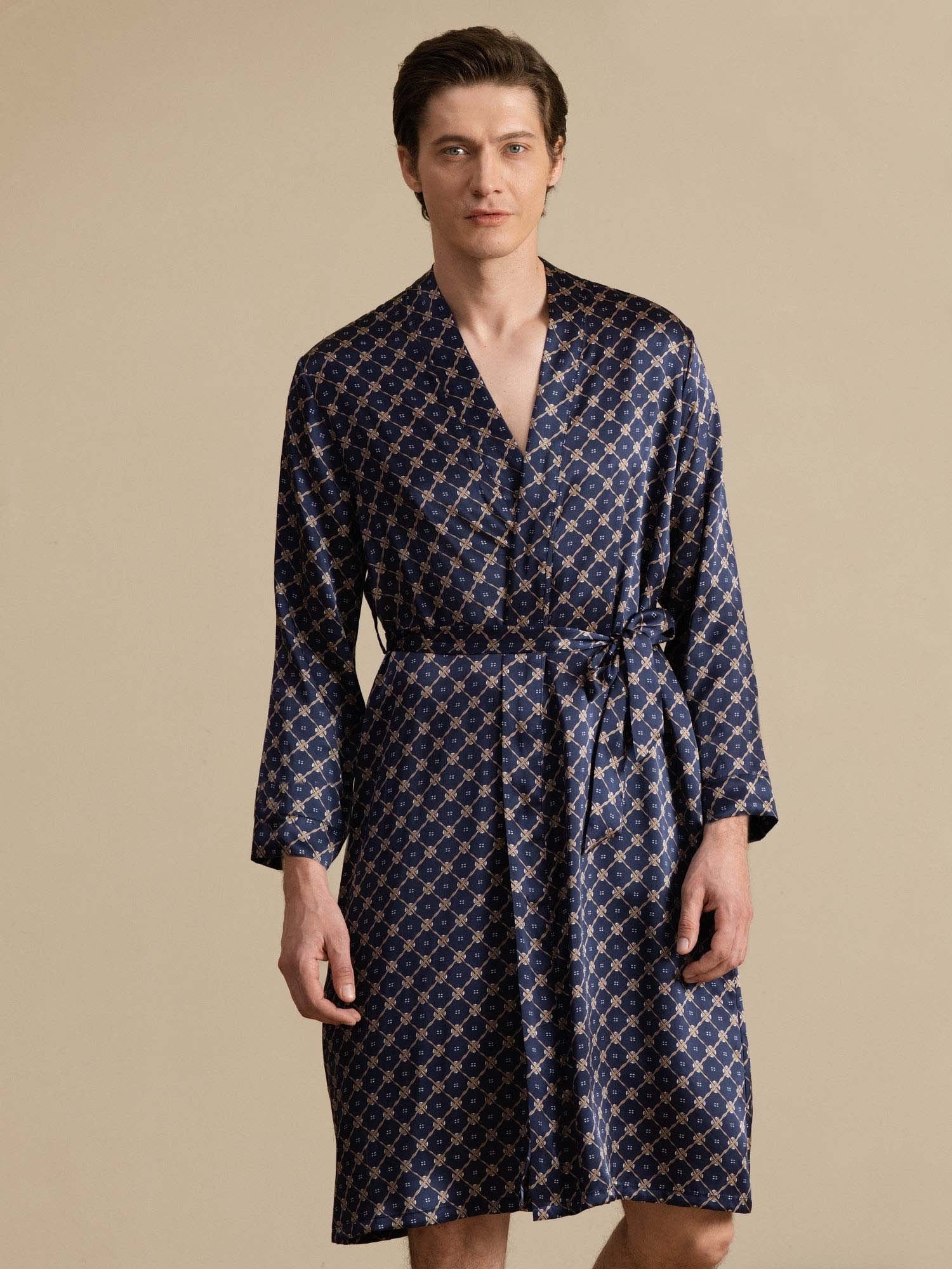 [Navy Chain] SilkSilky  Long Sleeve Men's Robe 001