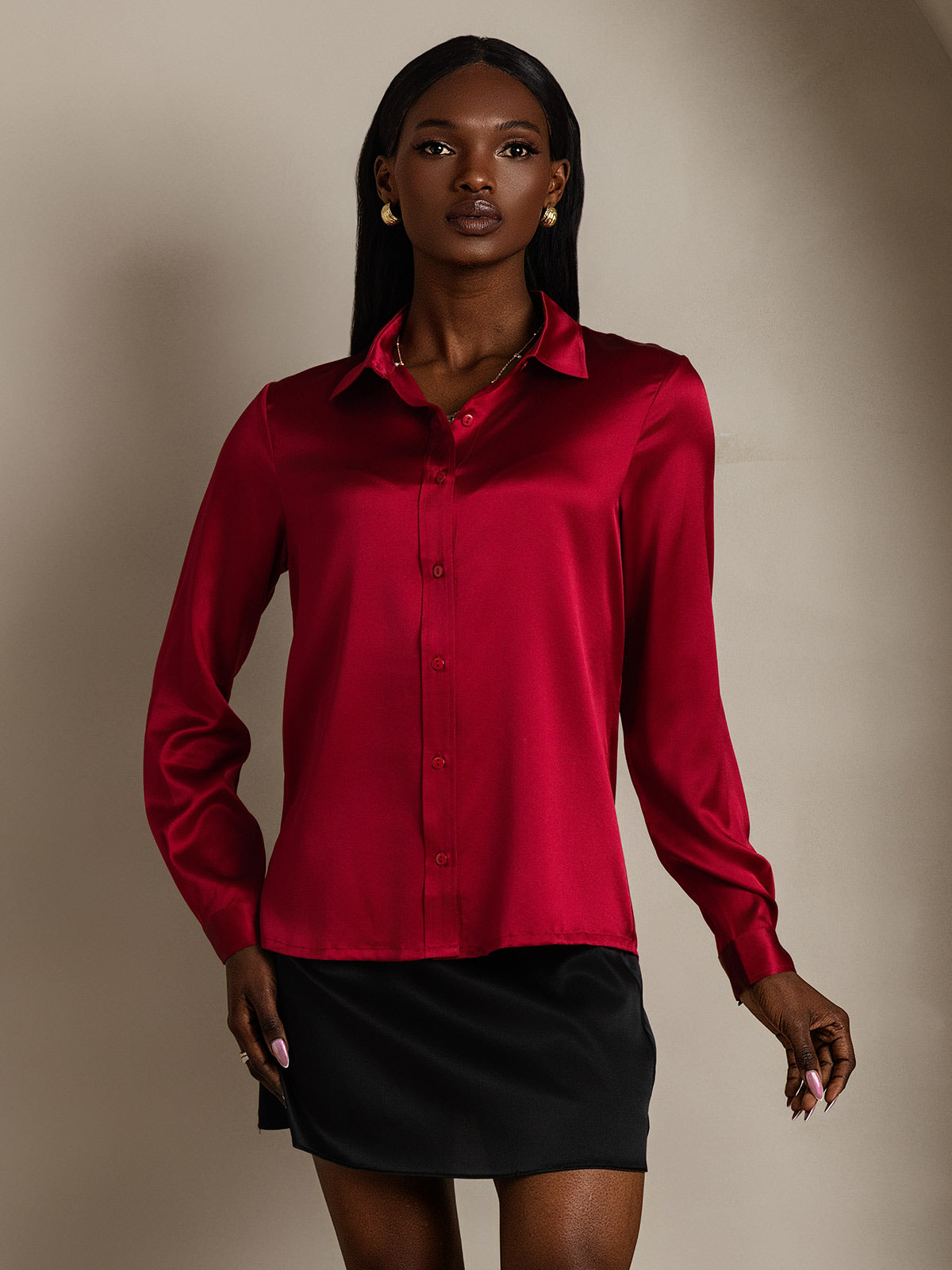 SilkSilky  19Momme Silk Long Sleeve Collar Women's Shirt Wine 009