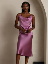 [Deep Purple] SilkSilky  19Momme Stretch Silk Charmeuse Spaghetti Strap Cowl Neck Camisole Top 004