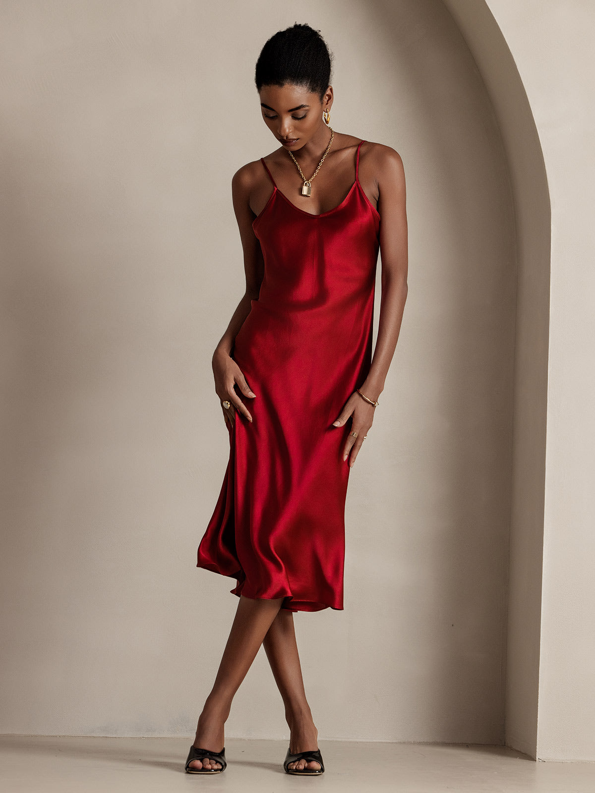 SilkSilky  Pure Silk Deep V Neck Dress Wine 006