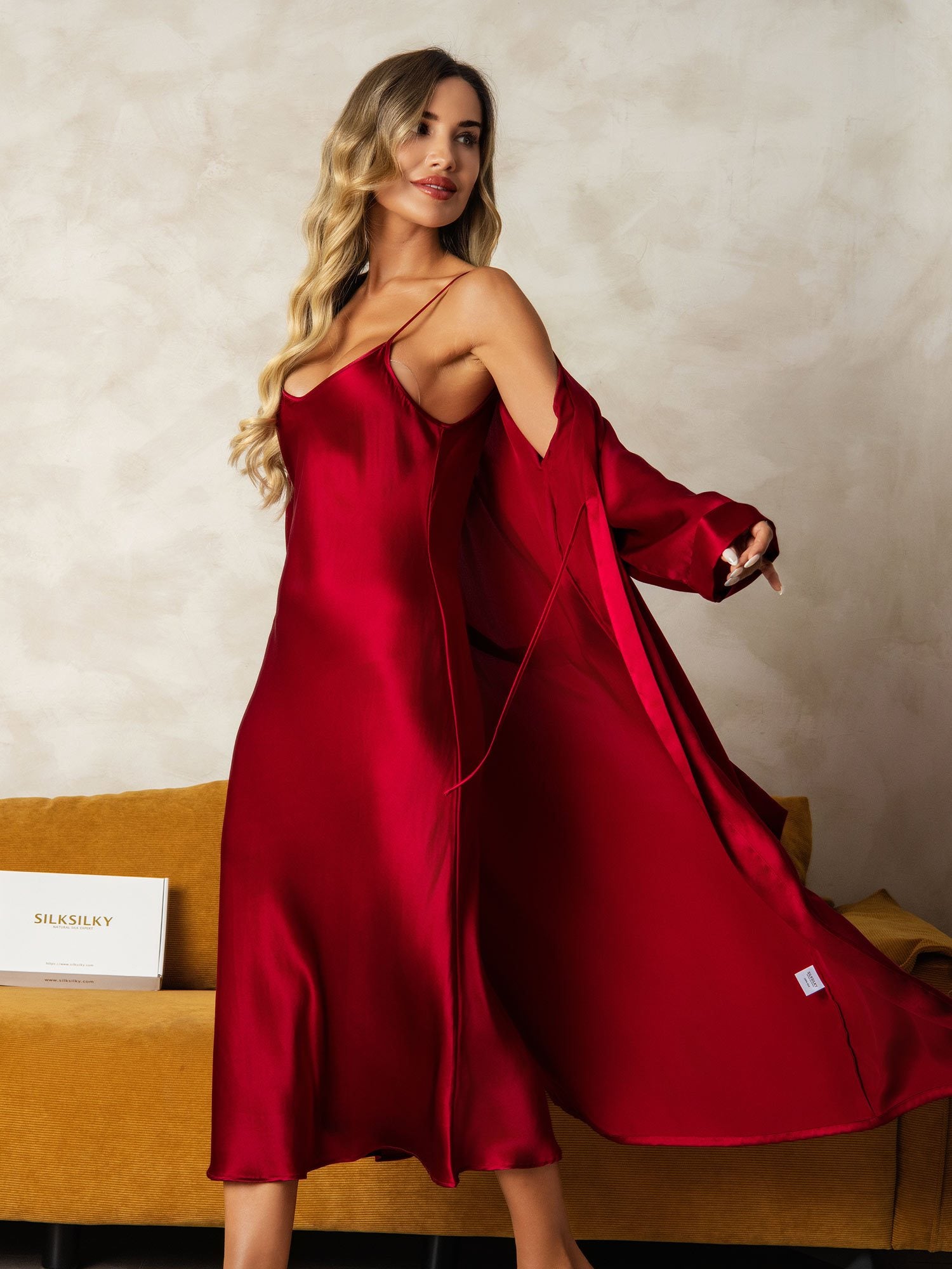 [Wine] SilkSilky Pure Silk Wrap Nightgown&Robe Set 007