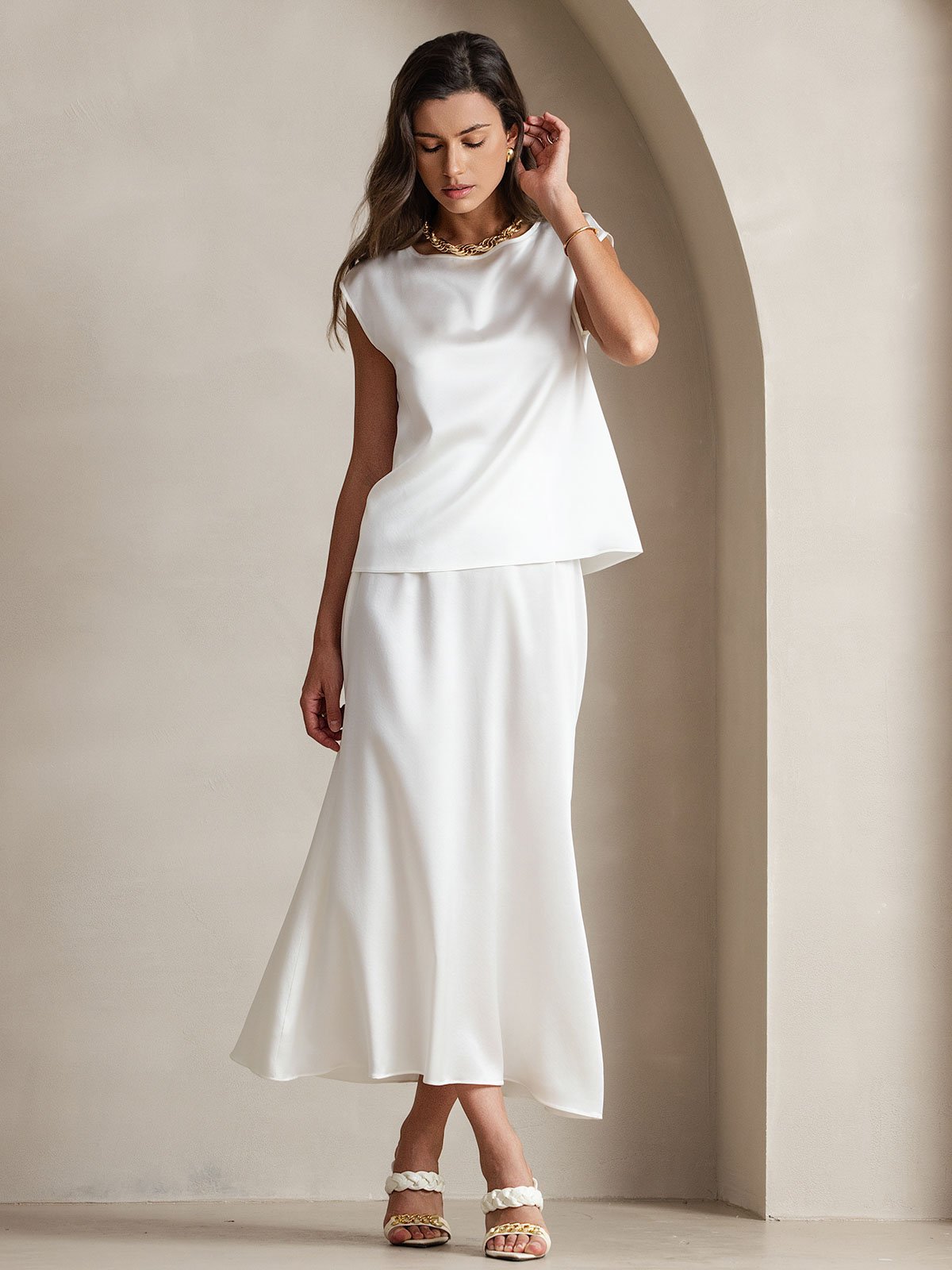 [White] SilkSilky  19Momme Silk Round Neck Women's T-Shirt 004