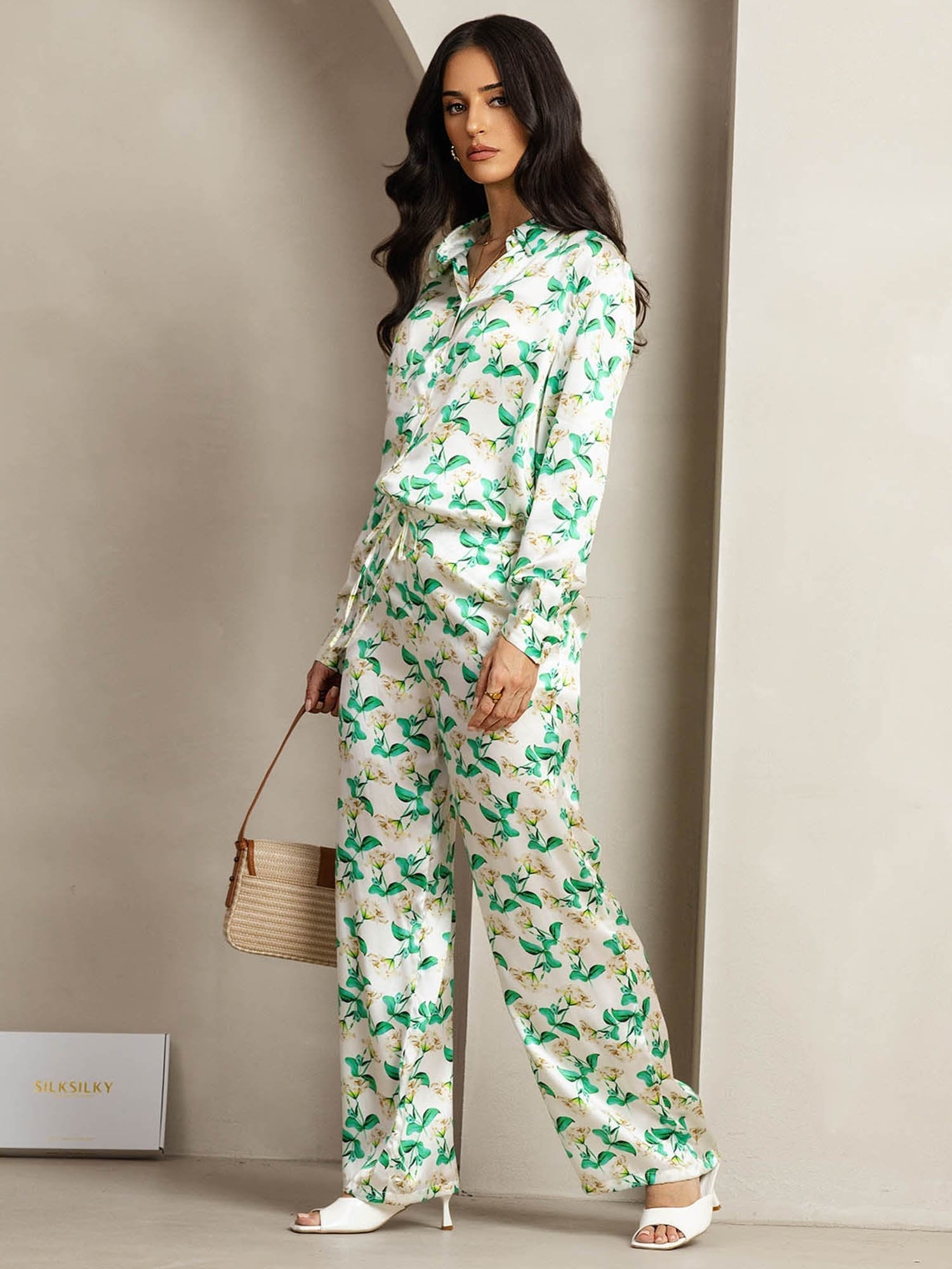 [Green Floral] SilkSilky  19Momme Silk Lapel Collar Women''s Outfit Sets 003