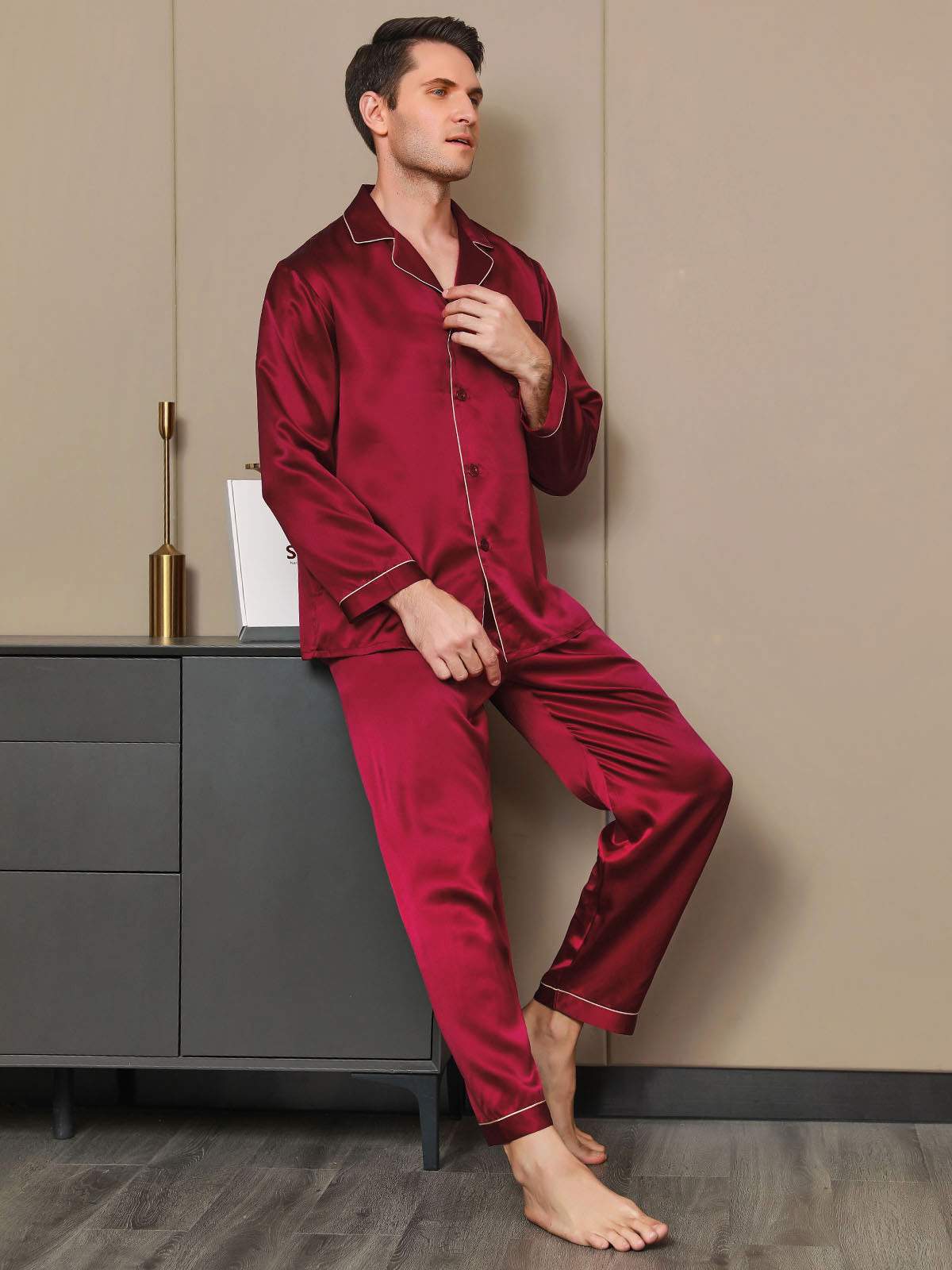 SilkSilky US Pure Silk Long Sleeve Lapel Men's Pajamas Wine 006