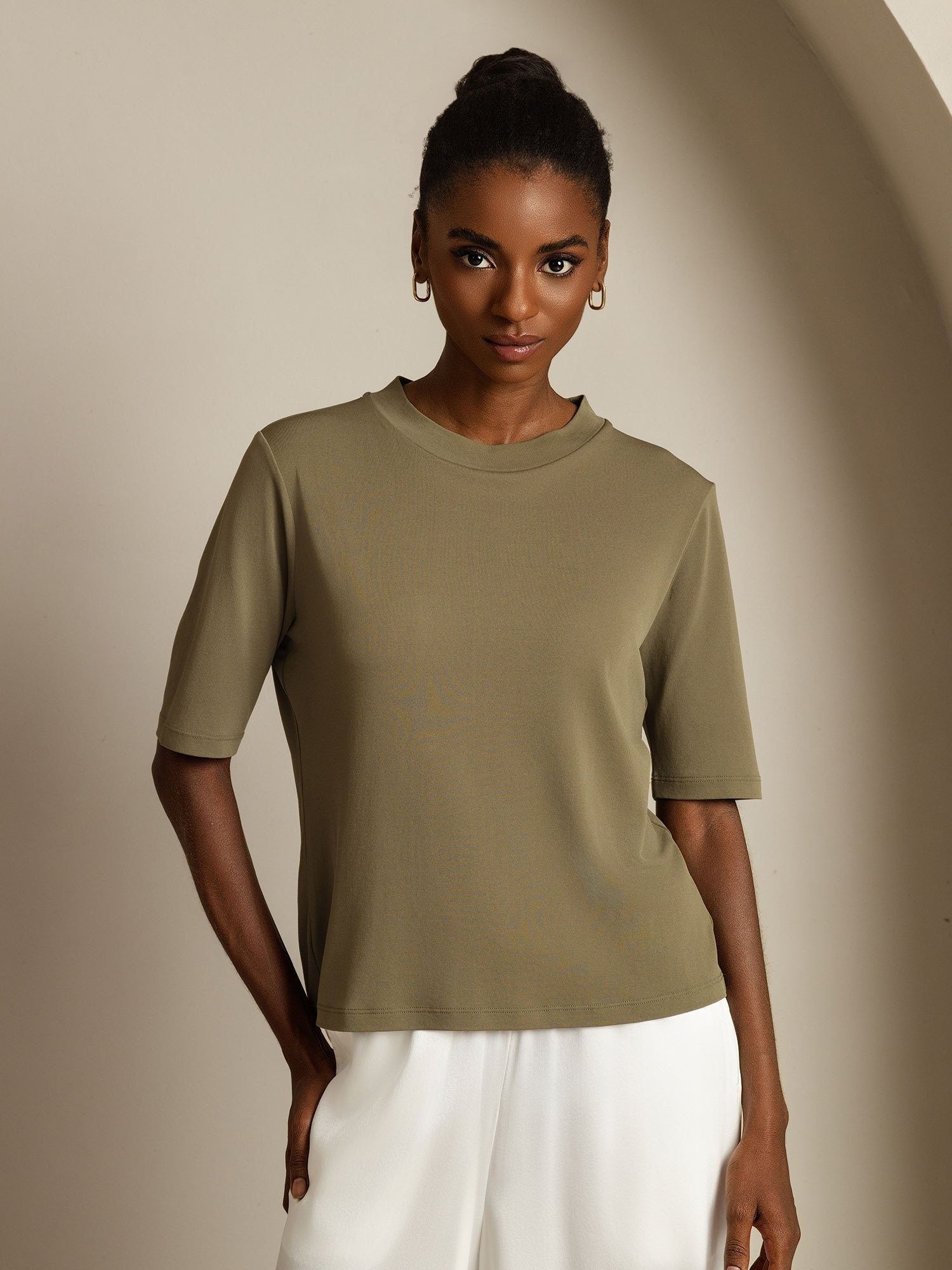 [Burnt Olive] SilkSilky  Pure Silk Round Neck Women's T-Shirt 001