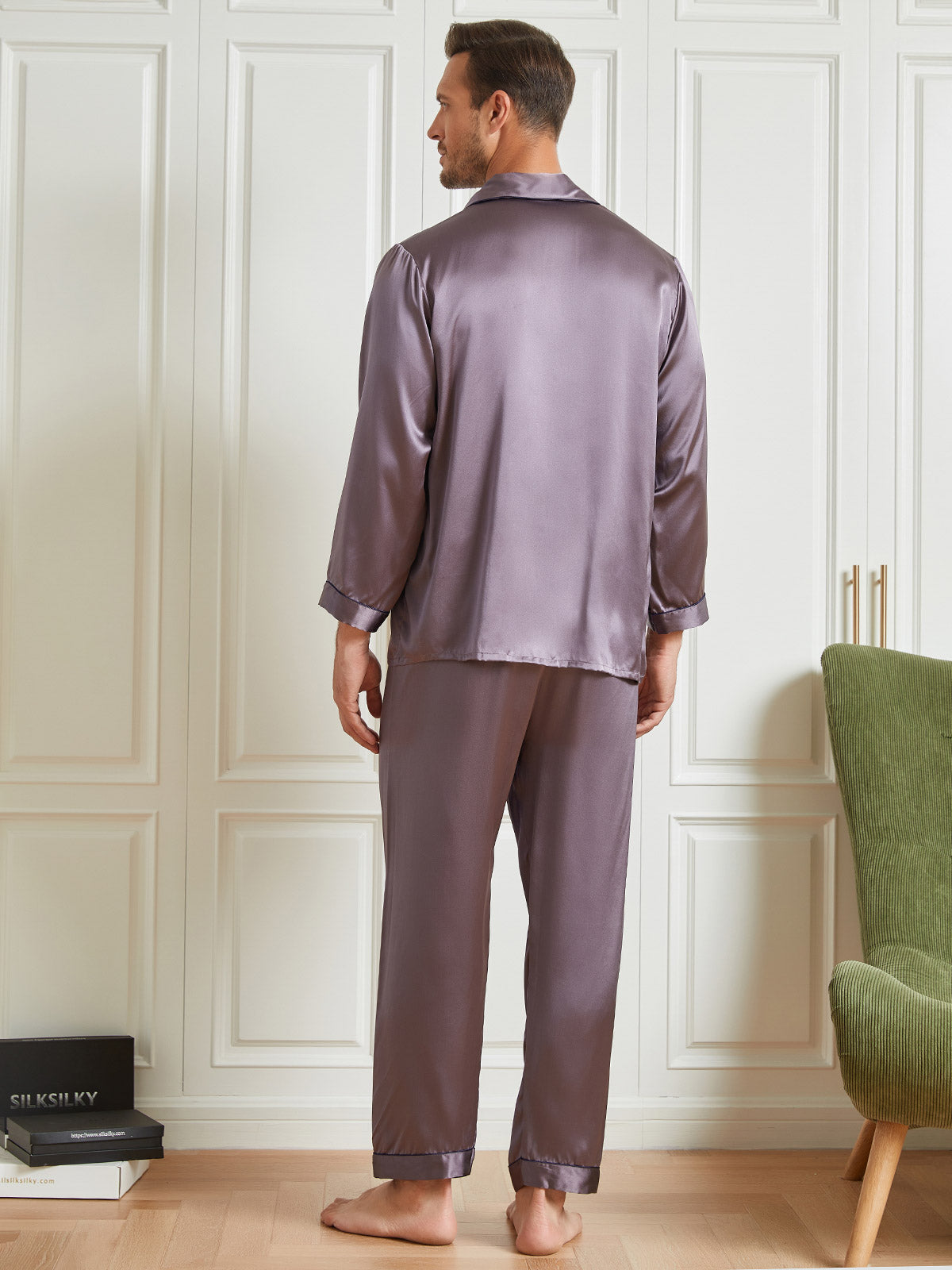 SilkSilky US 19Momme Pure Silk Long Sleeve Lapel Men's Pajamas Gray 002