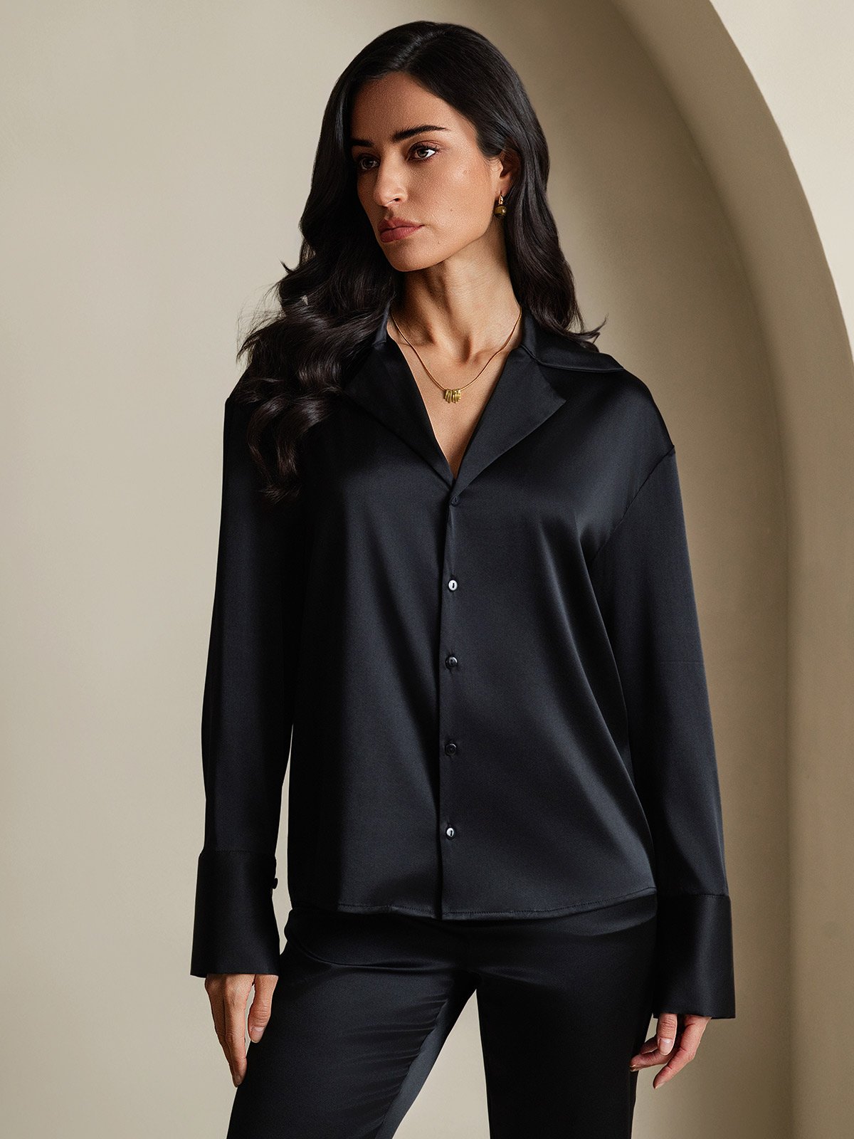 [Black] SilkSilky  19Momme Silk Notch Collar Women's Shirt 004