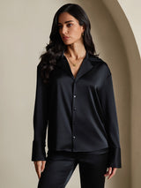 [Black] SilkSilky  19Momme Long Sleeve Notch Collar Women's Shirt 004