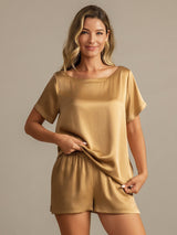 [Tan] SilkSilky  Short Sleeve Round Neck Women's Pajamas 003