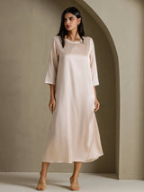 [Beige] SilkSilky 3/4 Sleeve Round Neck Dress 006