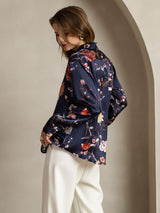 [Navy Floral] SilkSilky  Silk Long Sleeve Lapel Collar Women's Shirt 002