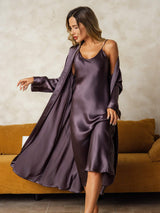 [Purple Gray] SilkSilky  Long Sleeve V Neck Nightgown&Robe Set 001