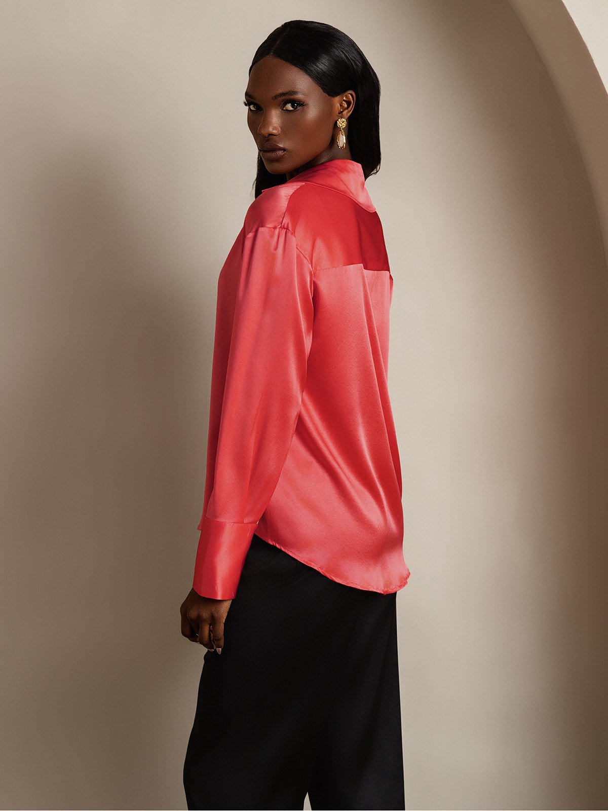 SilkSilky 19Momme Silk Long Sleeve Lapel Women's Shirt ImperialRed 004