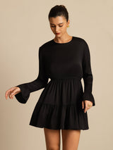 [Black] SilkSilky  19Momme Silk Long Sleeve Round Neck Dress 005