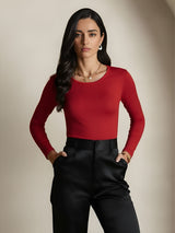 [Wine] SilkSilky  Silk Jersey Long Sleeve Round Neck Women's T-Shirt 005