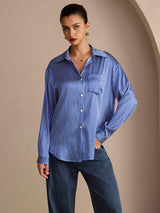 [Blue Pinstripe] SilkSilky Long Sleeve Lapel Collar Women's Shirts 003